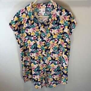 Belle du Jour Womens Tropical Floral Rayon Button Down Shirt Navy Pink Yellow L